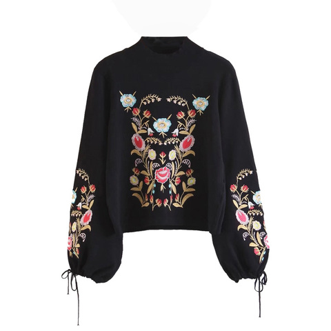 TEELYNN long Sleeve Knitted Sweater Women Vintage black Floral Embroidery  2022 Turtleneck Pullovers boho Casual femme sweaters ► Photo 1/6