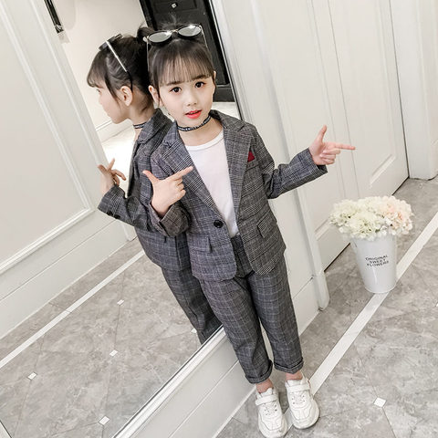 Fashion Wedding Kids Suit for Girls Formal Pant Suits for Teenagers 2PCS Blazer Set Brand Plaid Children Blazer 4 5 7 9 11 13T ► Photo 1/6