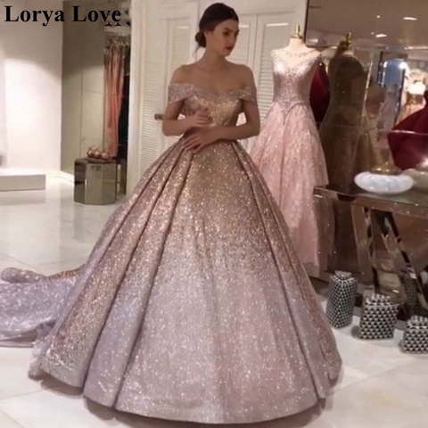 Sequins Pink Ball Gown Formal Evening Dresses 2022 Sparkle Robe De Soiree Sequins Off Shoulder Prom Gowns Long Shiny Maxi Dress ► Photo 1/6