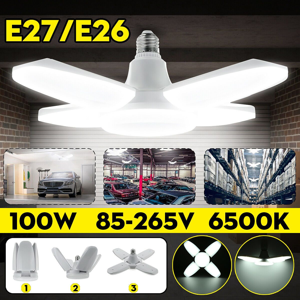 E27 LED Garage Shop Work Lights 60W Home Ceiling Fixture Deformable Lamp 6000LM 