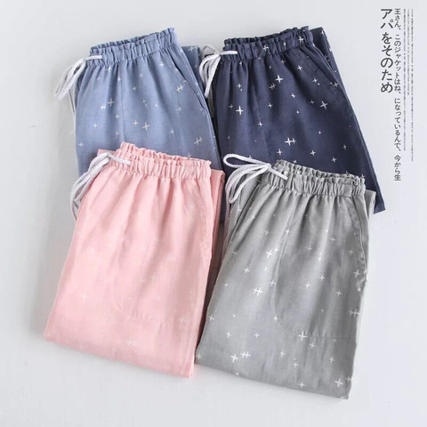 Spring Couples Cotton Gauze Sleep Pants Ladies Home Tie Pajama