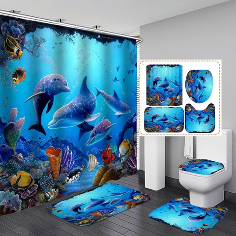 Ocean Underwater World Cheerful Dolphin 3D Printing Waterproof Shower Curtain with Rug Toilet Cover Bath Mat Set Bathroom Decor ► Photo 1/6