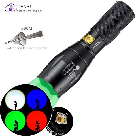 Flashlight HI W RGB LED W RGB Red light blue light green light white light LED 12000 Lumens Zoomable Super bright torch ► Photo 1/6