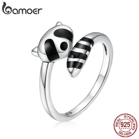 bamoer Authentic 925 Sterling Silver Black Enamel Raccoon Finger Rings for Women Adjustable Free Size Fine Jewelry SCR652 ► Photo 1/6