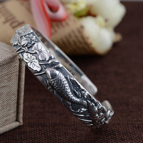 Solid Pure 990 Sterling Silver Bangles For Women Wide Type Fish Plays Lotus Classic Buddhism Jewelry Jonc Argent 925 ► Photo 1/1