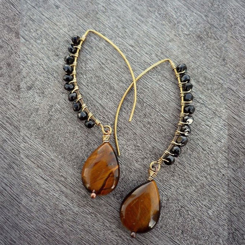 Long dramatic earrings wire wrapped with Tiger Eye gemstone and Spinel gemstone small beads ► Photo 1/2