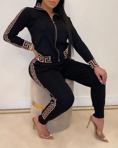 2022 Tracksuits Women Elegant Two-Pieces Suit Sets Female Stylish Plus Size Greek Fret Print Coat & Pant Zip Sets Joggers Women ► Photo 1/4