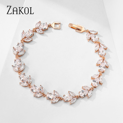 ZAKOL Trendy Bride Jewelry White Color Leaf Charm Cubic Zirconia Bracelet & Bangles Clear CZ Crystal Bangles For Women FSBP2178 ► Photo 1/5