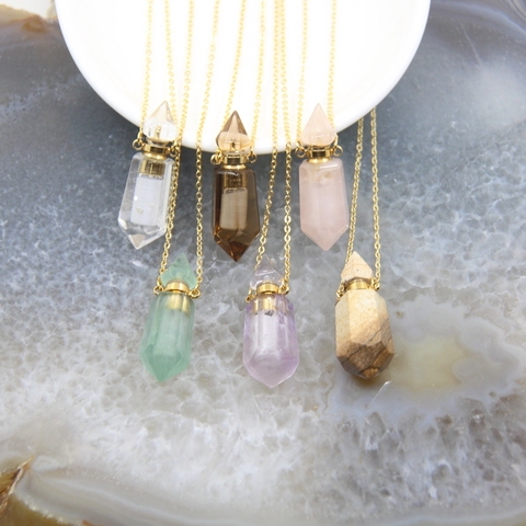 Natural Gems stone Faceted Prism Perfume Bottle Pendants Necklace,Cut Crystal Essential Oil Diffuser Vial Hexagon Points Charms ► Photo 1/6