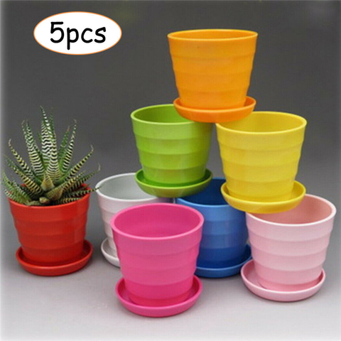 5pcs Creative Colorful Resin Mini Plant Flower Pot Gloss Planter Home Garden Decoration with Saucer Tray ► Photo 1/1