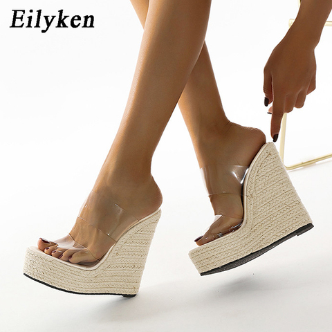 Eilyken Summer PVC Transparent Peep Toe Cane Straw Weave Platform Wedges Slippers Sandals Women Fashion High Heels Female Shoes ► Photo 1/6