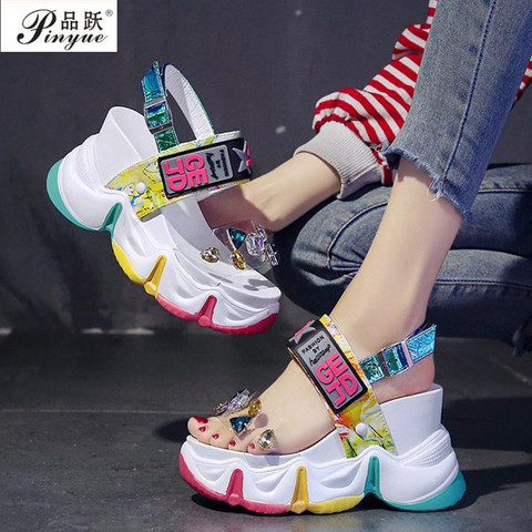 2022 New Women Summer Wedge Sandals Transparent PVC Crystal Chunky Platform Shoes Woman Rainbow Thick Bottom Sandalias ► Photo 1/6