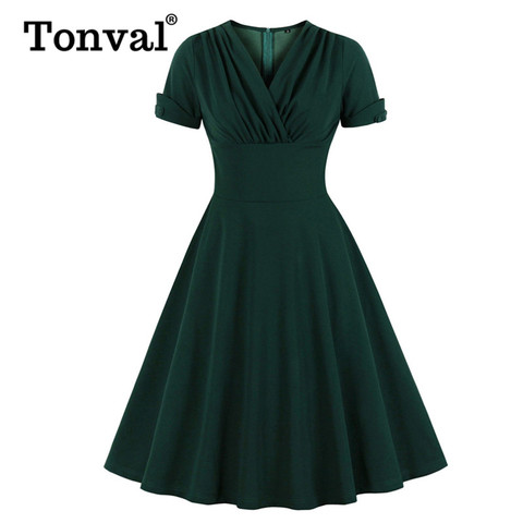 Tonval Ruched V Neck Wrap High Waist 1950S Vintage Green A Line Swing Dresses Women Plus Size Summer Elegant Party Midi Dress ► Photo 1/6