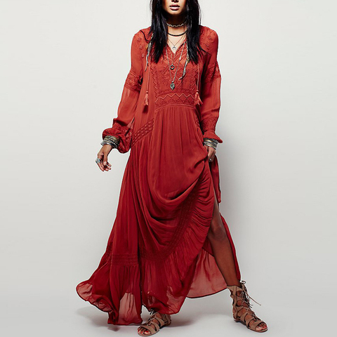 TEELYNN long sleeve maxi dresses women tunic cover up red floral embroidery v neck tassel long dress Casual loose boho vestidos ► Photo 1/6