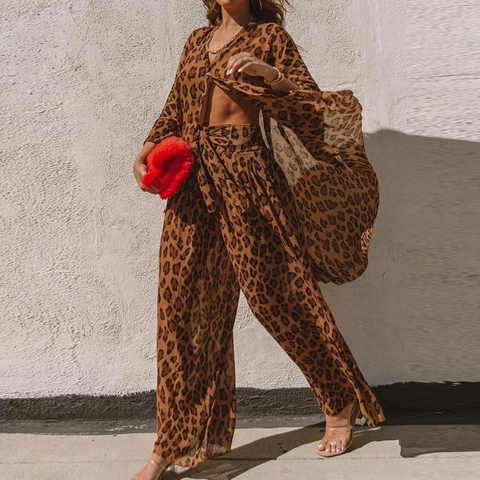 Autumn Women Two Piece Set Elegant Leopard Print Button Shirt and Wide Leg Pants Suits 2022 Fashion Long Sleeve 2 Piece Outfits ► Photo 1/6