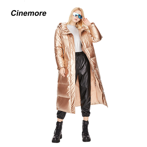 Cinemore 2022 Winter New women coat long Parkas Clothes Hooded thickened Long shiny face Women's white duck down jacket 82030 ► Photo 1/6
