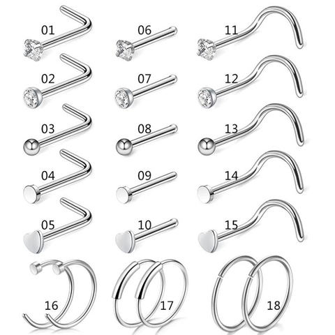 5/9/21Pcs 20G Nose Studs Surgical Steel Nostril Studs Screws Nose Ring Hoop Body Piercing Silver Color Heart Nose Stud ► Photo 1/5