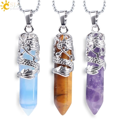 CSJA Dragon Necklace Quartz Necklaces Natural Crystal Stone Hexagonal Prism Ethnic Pendant Hanging Jewelry for Women Men E853 ► Photo 1/6