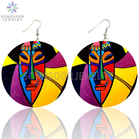 SOMESOOR African Ethnic Black Queen Wooden Drop Earrings Both Sides Printed Bohemian Afro Loops Dangle Jewelry For Women Gifts ► Photo 1/6