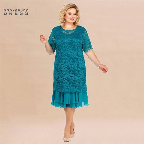 Plus Size Lace Mother Of The Bride Dresses Suit 2022 Tea Length Wedding Party Gown Half Sleeve Two Piece robe mere de mariee ► Photo 1/6