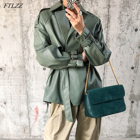 FTLZZ 2022 New Spring Autumn Women Faux PU Leather  Casual Female Streetwear Outwear  Leather Jacke twith Belt Coat ► Photo 1/6