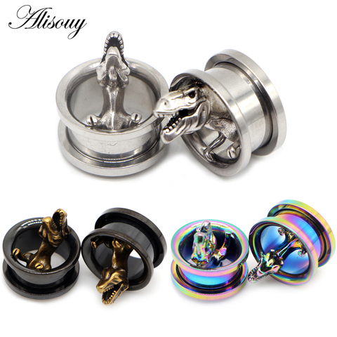 Alisouy 2pcs Fashion Dinosaur Ear Gauges Expander Stretchers Stainless Steel Earrings Plugs Tunnels Screw Piercing Body Jewelry ► Photo 1/6