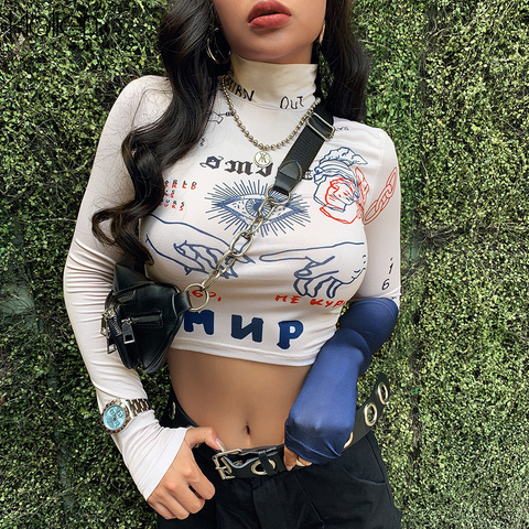 KLALIEN women long sleeve turtleneck letters print slim sexy skinny T-shirt2022 fashion autumn new streetwear basic hip hop top ► Photo 1/6