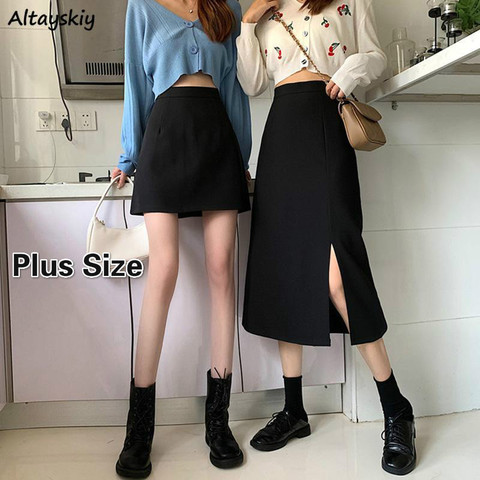 Black Skirts Women Mid-calf College A-line High Waist Korean Style OL All-match Friends Plus Size Streetwear Chic Female Bottom ► Photo 1/6