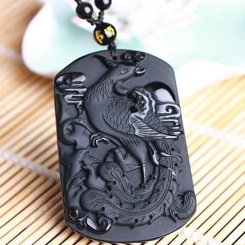 Drop Ship Natural Black Obsidian Pendant Amulet Phoenix Necklace For Men Women Crystal Jewelry Jade Jewelry Gifts ► Photo 1/6