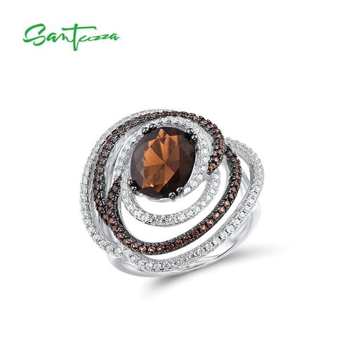 SANTUZZA Silver Ring For Women Genuine 925 Sterling Silver Sparkling Brown Smoky Glass Trendy Party Round anillos Fine Jewelry ► Photo 1/6