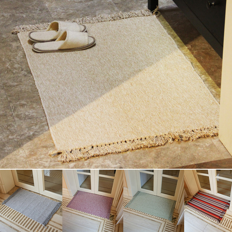 Retro Hand Woven Cotton Linen Carpet Tassel Bedside Rug Geometric Floor Mat Living Rooms Bedroom Home Decor 2 Sizes Optional ► Photo 1/6