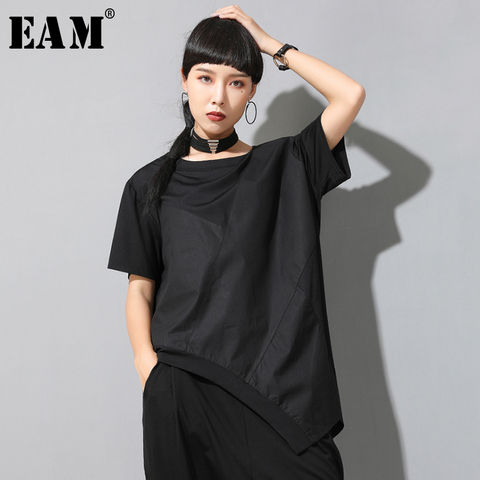 [EAM] Women Black Irregular Split Joint Big Size T-shirt New Round Neck Long Sleeve  Fashion Tide  Spring Summer 2022 1W050 ► Photo 1/6