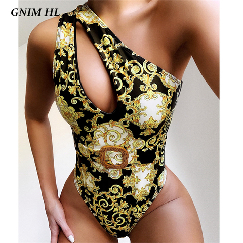 GNIM One Shoulder Bikini Mujer 2022 Sexy Hollow Out Swimwear Women One Piece Print Brazilian Swimsuit With Belt Summer Biquini ► Photo 1/6