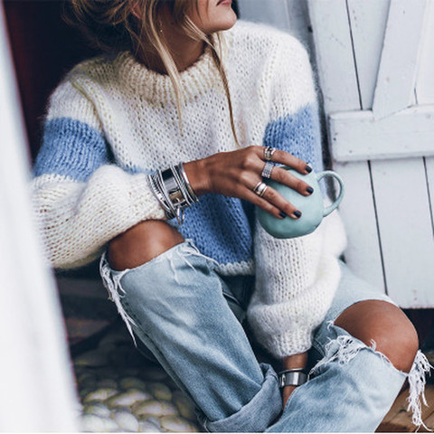 Long Sleeve Mohair ColorBlock Sweater 2022 Winter Autumn Woman Sweaters Pullovers Casual Knitted Striped Fuzzy Fluffy Sweater ► Photo 1/6