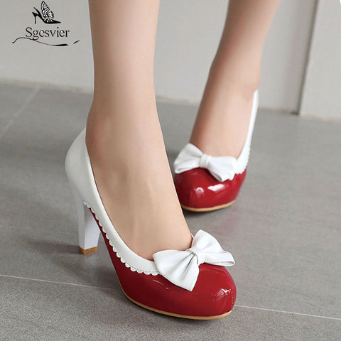 Sgesvier Spring Autumn Women Shoes High heels Pump Round Toe Slip on Shoes Ladies Office Shoes Bowtie dress shoes zapatos mujer ► Photo 1/6