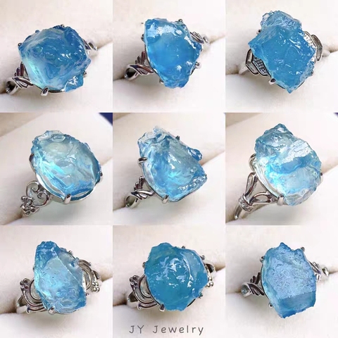 Genuine Natural Blue Aquamarine Crystal Adjustable Ring 925 Silver 18x13mm Raw Material Beads Ring AAAAA Certificate ► Photo 1/4