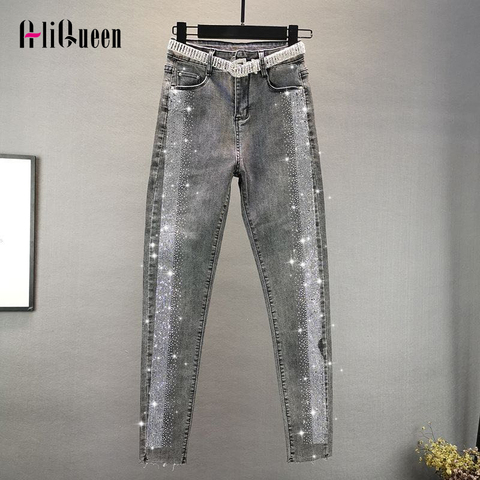 Vintage High Waist Diamonds Pencil Jeans Woman Pants Femme Long Denim Pant Women Slim Distressed Trousers Plus Size Streetwear ► Photo 1/6