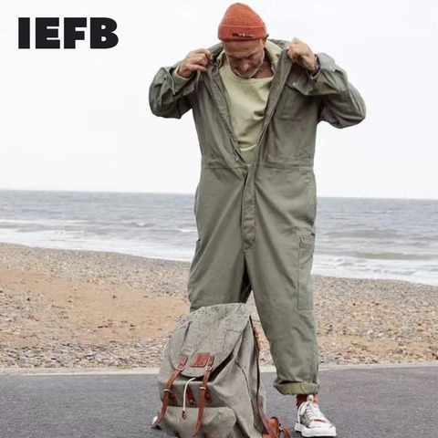 IEFB /men's wear multi-pockets workwear jumpsuit black green single breasted loose long sleeve turn down collar trousers 9Y4105 ► Photo 1/6