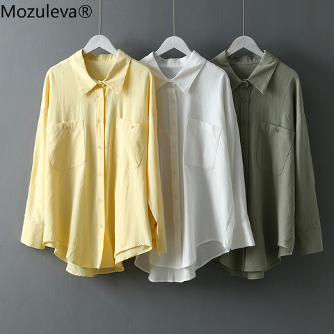 Mozuleva Basic White Shirts for Women Spring Summer Turn-down Collar Double Pockets Office Ladies Blouse Female Tops Blusas 2022 ► Photo 1/6