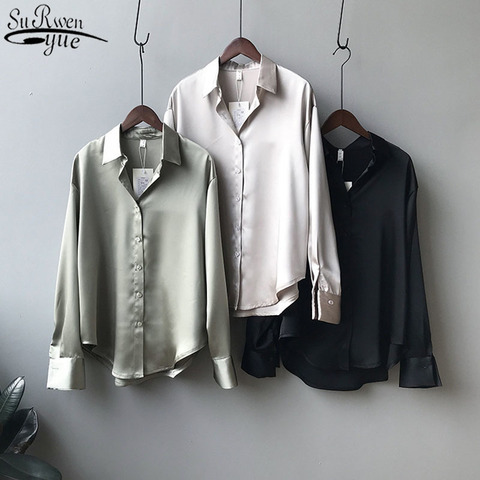 Satin Shirts Fashion Long Sleeve Blouse Women Autumn Vintage Button Up White Loose Woman's Shirts Female Silk Shirt Women 11355 ► Photo 1/6