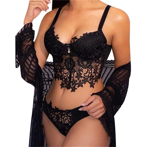 Sexy Lingerie Set Women Transparent Lace Babydoll Open Bra Set Floral G-String Underwear Set Nightwear Bra And Panty Sets ► Photo 1/6