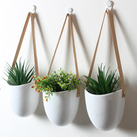 Set of 3 Ceramic Hanging Planters for Succulent Air Plants Flower Pots with Leather Strap Wall Flowerpots Home Garden Decoration ► Photo 1/6