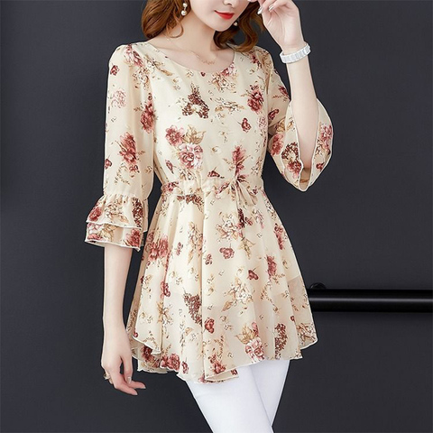 Women Spring Summer Style Chiffon Blouses Shirt Lady Casual Short Sleeve O-Neck Solid Print Women's Casual Loose Tops DF3512 ► Photo 1/6