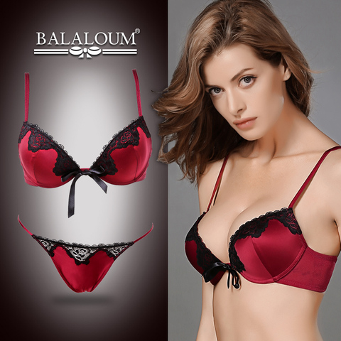 Balaloum Women Elegant Sexy Deep V Push Up  Bra and Panty Set Floral Lace Bowknot Seamless G-String T Back Thongs Lingerie Sets ► Photo 1/5