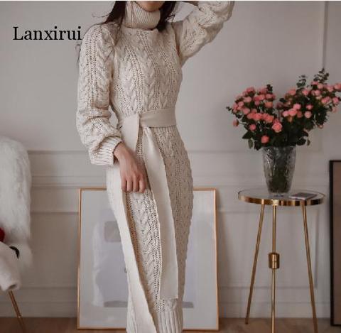 High Neck Knitted Bottom Sweater women Dress Turtleneck Waist Belt Solid Color Elegant Full Sleeve Turtleneck  Hot ► Photo 1/6