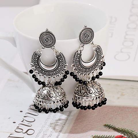 New Retro Sector Silver Color Turkish Bells Indian Jhumka Earrings Women's Vintage Turkey Boho Beads Tassel Earrings ► Photo 1/6