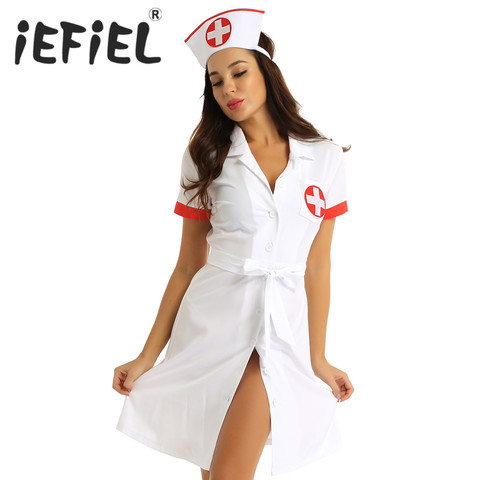 Women Female Sexy Nurse Costume Deep V Sexy Doctor Cosplay Adult Nurse Uniform Role Play Party Dress with Belt and Hat ► Photo 1/6