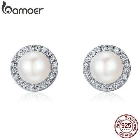 BAMOER 925 Sterling Silver Classic Round Sparkling CZ Fresh Water Pearl Stud Earrings for Women Sterling Silver Jewelry SCE122 ► Photo 1/6