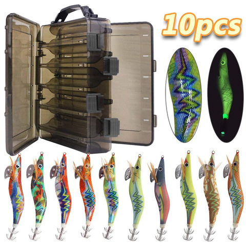 10pcs/box Luminous Squid fishing bait hooks Wooden Shrimp jigs Fishing Lures hook 12g 15g  Artificial bait with double layer box ► Photo 1/6