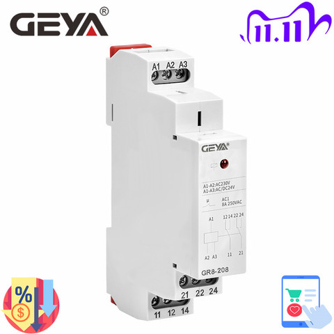 GEYA GR8-208 Auxiliary Relay Intermediate Switch 8A 2SPDT 12V 24V 48V 110V 220V RELAYS Din Rail Module ► Photo 1/6